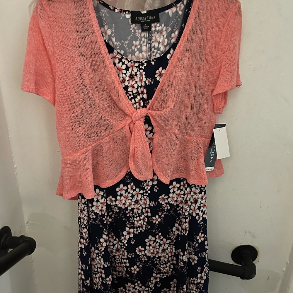 Perceptions Coral Cardigan and Navy Floral Dress Set
